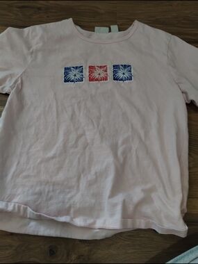 Classic Elements Light Pink Short Sleeve Tee with Blue & Red Firework Squares
